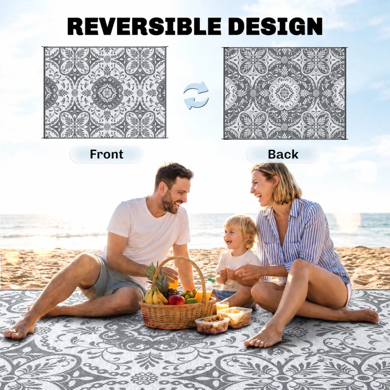 Outsunny Portable Outdoor Rug with Carry Bag, 9' x 12' Reversible Mat, Waterproof Plastic Straw RV Rug for Backyard, Deck, Picnic, Beach, Camping, Grey & White