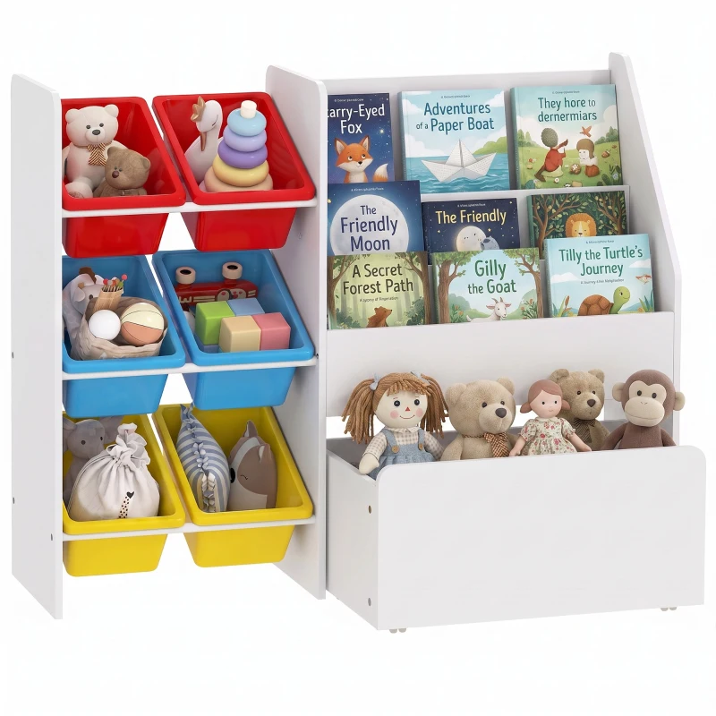 Qaba Kids Bookshelf and Toy Storage, 3-Tier Bookcase with 6 Removable Bins and Box for Toddler Nursery Playroom, Multi