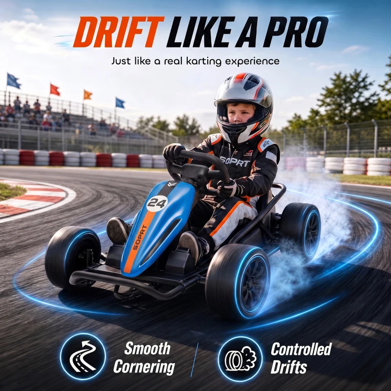 Qaba 24V Electric Drift Go Kart for Kids with Dual Motors, Soft Start, PU Wheels, 7.5MPH High Speed, for Ages 6+, Blue