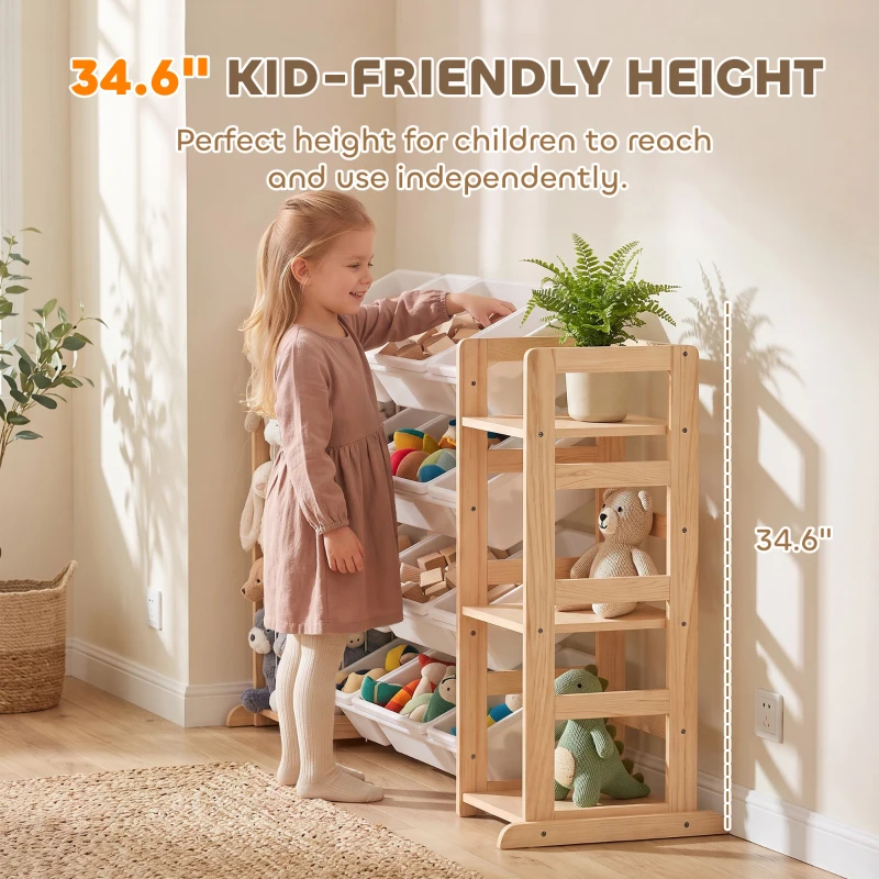 Qaba 3-in-1 Wooden Toy Storage Organizer with Stuffed Animal Storage, Bookshelf, 12 Bins for Bedroom, Playroom, Nursery
