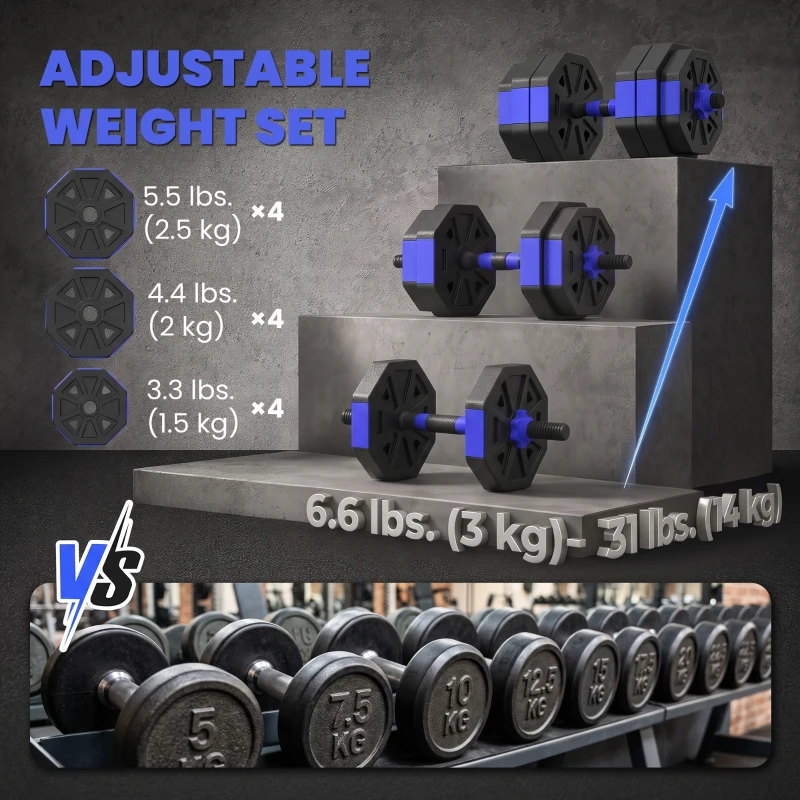 Soozier 6-in-1 Adjustable Dumbbell Set, Used as Kettlebell, Barbell, Dumbbell, Push-Up Stand, 55lbs Free Weights Set, Blue