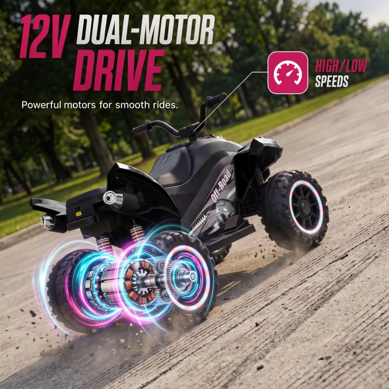 Qaba 12V Kids ATV with Dual Motors, Rear Suspension, 2.2 MPH Max, Light-Up Wheels, Music, Horn, Headlights for 3-6, Black