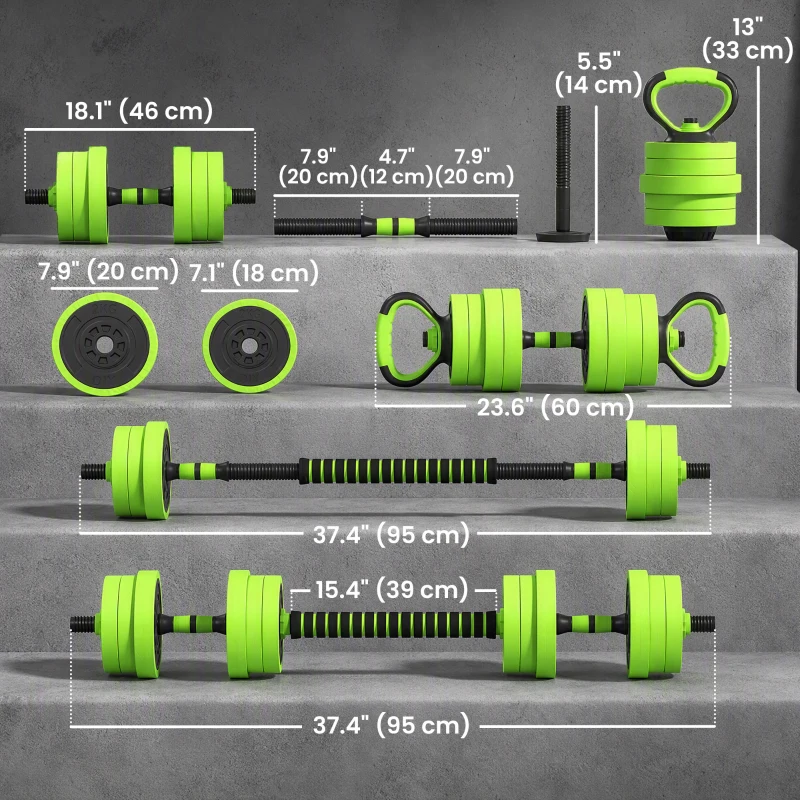 Soozier 44lbs 4-in-1 Adjustable Weight Dumbbell Set, Barbell, Kettlebell, Push Up Stand, Green