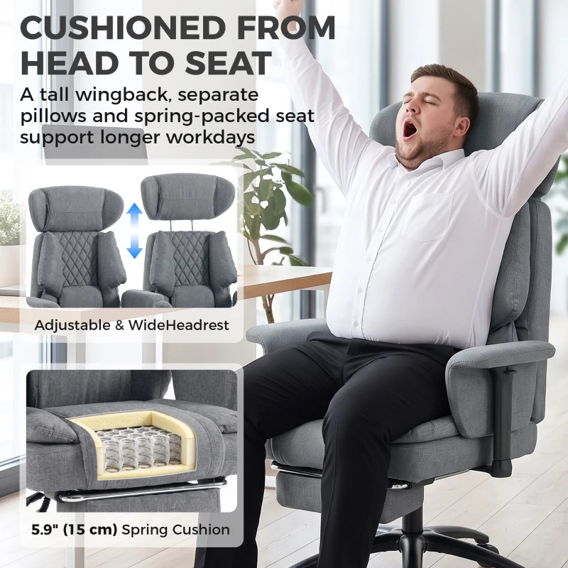 HOMCOM 495LBS Heavy Duty Office Chair with Footrest, Lumbar Support, Spring Cushion, Height Adjustable, Grey