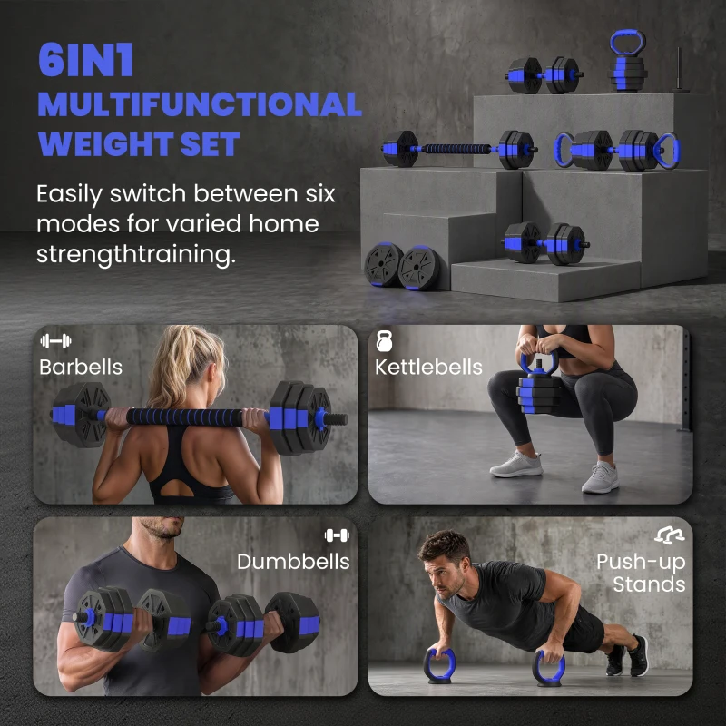 Soozier 6-in-1 Adjustable Dumbbell Set, Used as Kettlebell, Barbell, Dumbbell, Push-Up Stand, 55lbs Free Weights Set, Blue