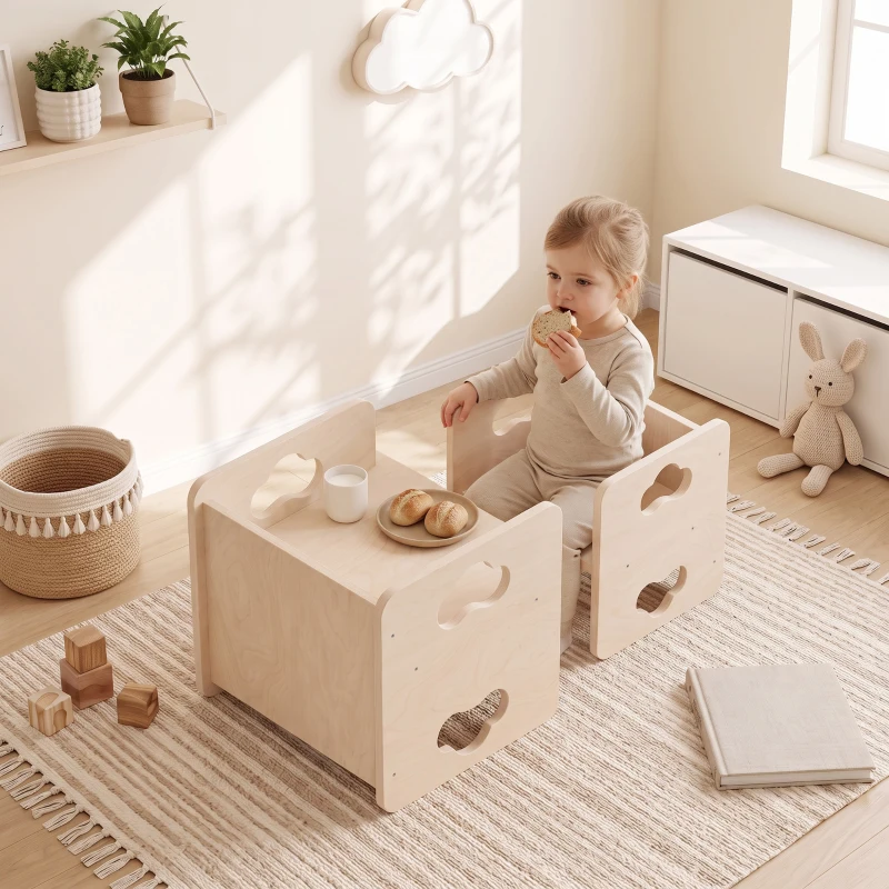 Qaba Montessori Kids Table and Chair Set with 3-Level Heights for 18-36 Months Toddlers, Learning, Play and Mealtime, Natural