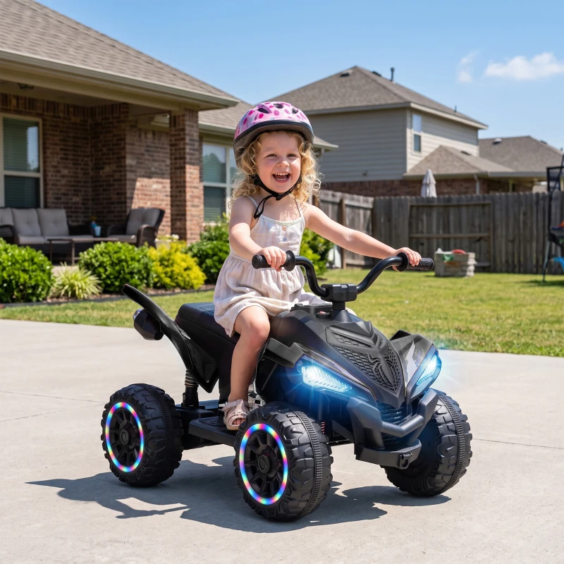 Qaba 12V Kids ATV with Dual Motors, Rear Suspension, 2.2 MPH Max, Light-Up Wheels, Music, Horn, Headlights for 3-6, Black