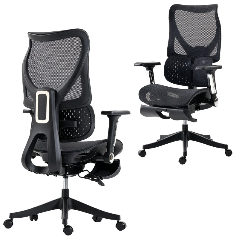 HOMCOM Ergonomic Office Chair with Lumbar Support, Mesh Reclining Desk Chair with Footrest, Adjustable High Back, Black