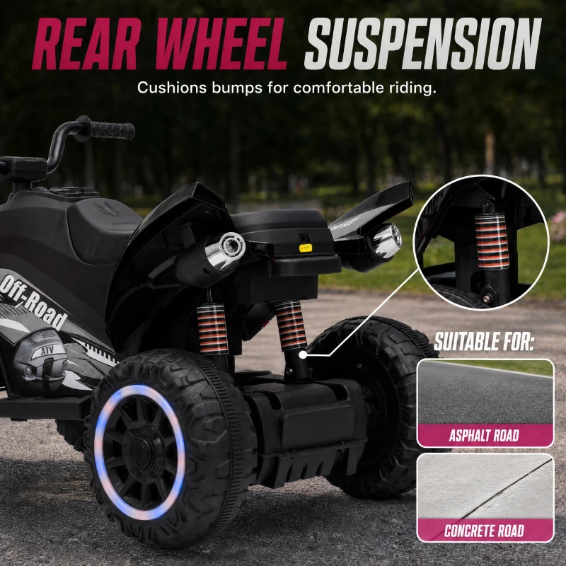 Qaba 12V Kids ATV with Dual Motors, Rear Suspension, 2.2 MPH Max, Light-Up Wheels, Music, Horn, Headlights for 3-6, Black
