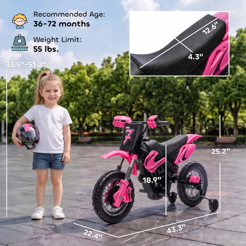 Qaba 12V Kids Motorcycle, 2 x 35W Electric Dirt Bike with Training Wheels, Rear Suspension, Horn for 3-6 Years, Pink