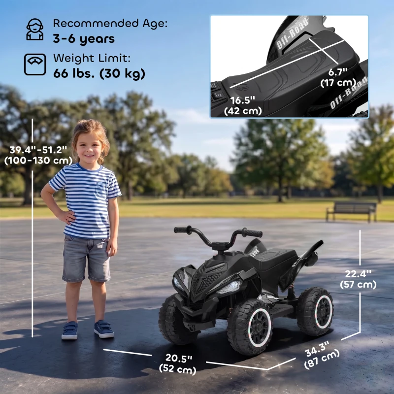 Qaba 12V Kids ATV with Dual Motors, Rear Suspension, 2.2 MPH Max, Light-Up Wheels, Music, Horn, Headlights for 3-6, Black