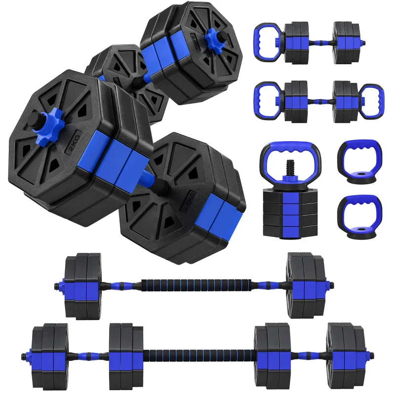 Soozier 6-in-1 Adjustable Dumbbell Set, Used as Kettlebell, Barbell, Dumbbell, Push-Up Stand, 55lbs Free Weights Set, Blue