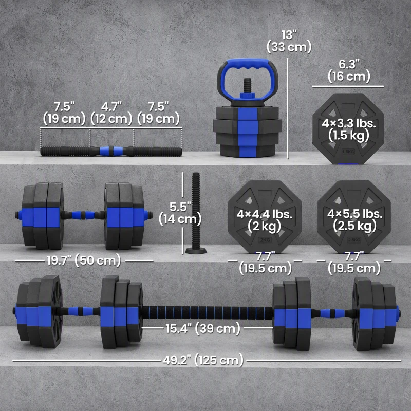 Soozier 6-in-1 Adjustable Dumbbell Set, Used as Kettlebell, Barbell, Dumbbell, Push-Up Stand, 55lbs Free Weights Set, Blue