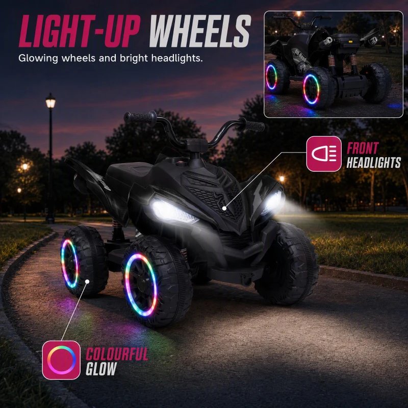 Qaba 12V Kids ATV with Dual Motors, Rear Suspension, 2.2 MPH Max, Light-Up Wheels, Music, Horn, Headlights for 3-6, Black