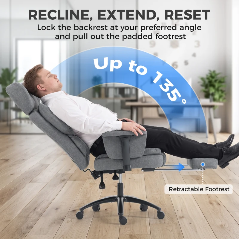 HOMCOM 495LBS Heavy Duty Office Chair with Footrest, Lumbar Support, Spring Cushion, Height Adjustable, Grey