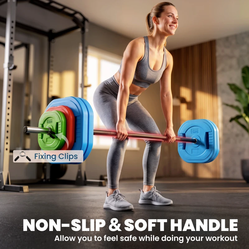 Soozier 66lbs Adjustable Barbell Weight Set, Barbell Bar with Weight Plates, Non-slip Handle, Multicolour