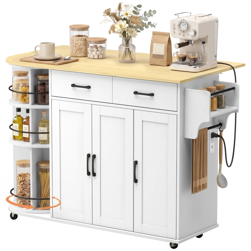 HOMCOM 53" Kitchen Island with Power Outlet and Drop Leaf, Kitchen Cart on Wheels with 360° Rotating Rack, White