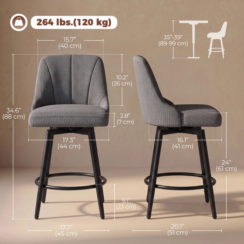 HOMCOM Bar Stools Modern Swivel Counter Height Stools Backrest Set of 2 Dark Grey