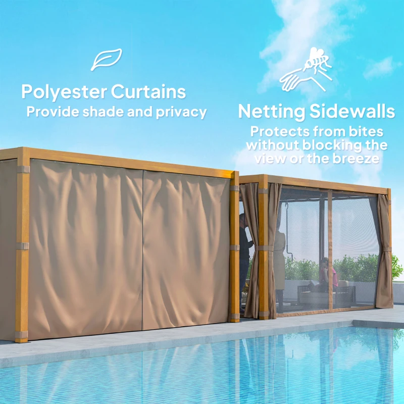 Outsunny 10' x 13' Outdoor Retractable Pergola w/ Sun Shade Louvered Top, Pergola w/ Canopy, Curtains, Netting, Natural Wood