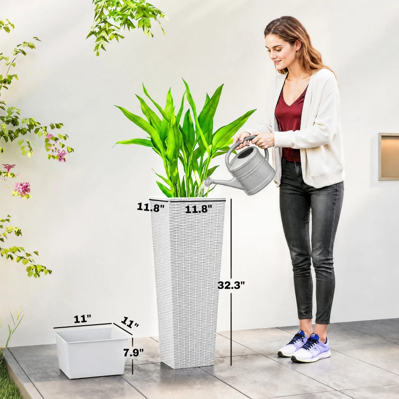 Outsunny 32 Inch Tall Planters for Outdoor Plants, Set of 2 Plastic Flower Pots with Drainage Holes, White