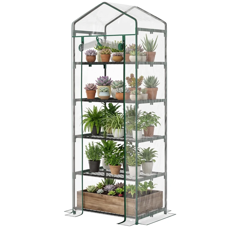 Outsunny 5 Tier Mini Greenhouse, Portable Outdoor Flower Stand with Shelf Clips, Indoor Greenhouse with Steel Frame, Transparent, 27.25" x 19.25" x 76", Clear