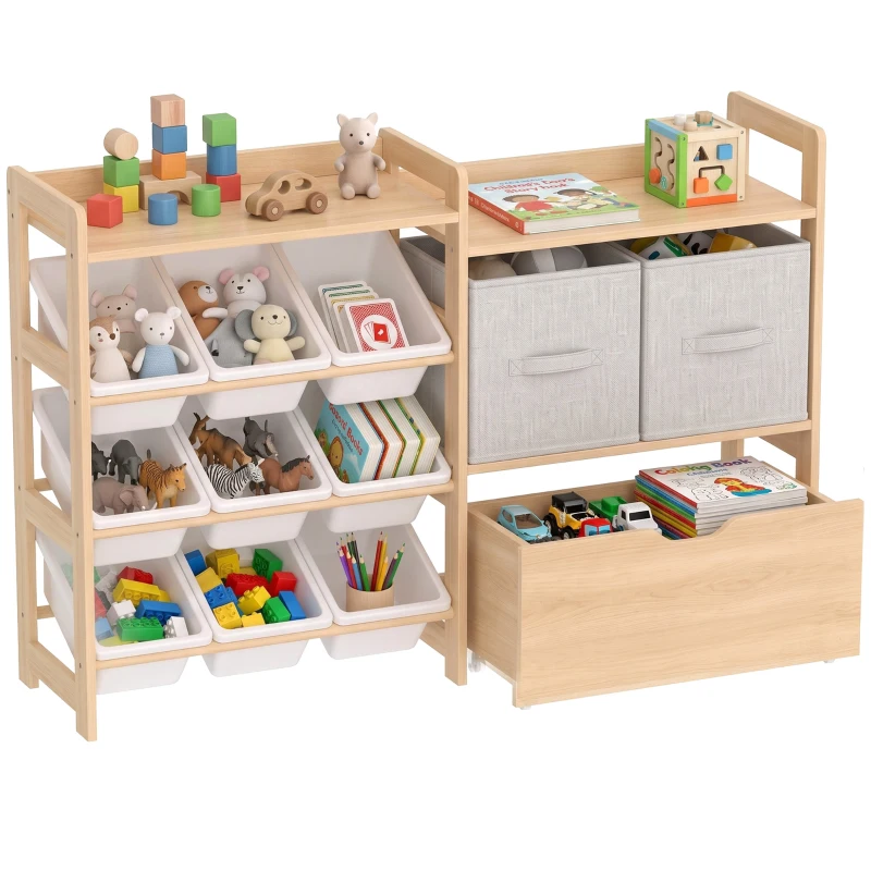Qaba Wooden Toy Storage Organizer with Rolling Toy Chest, 2 Fabric Drawers, 2 Shelves and 9 Bins for Kids Rooms, Nursery