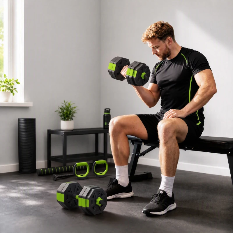 Soozier 6-in-1 Adjustable Dumbbell Set, Used as Kettlebell, Barbell, Dumbbell, Push-Up Stand, 55lbs Free Weights Set, Green