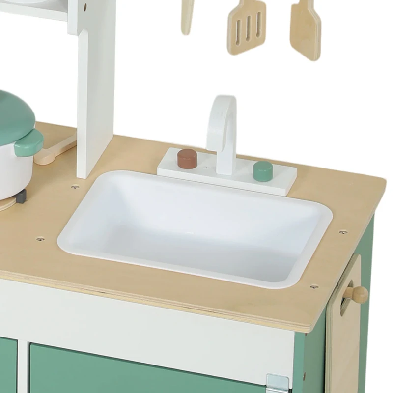 Qaba Wooden Play Kitchen Set with Microwave, Coffee Machine, Ice Maker & 19PCs Accessories, Gift for Ages 3-6 Years, Green