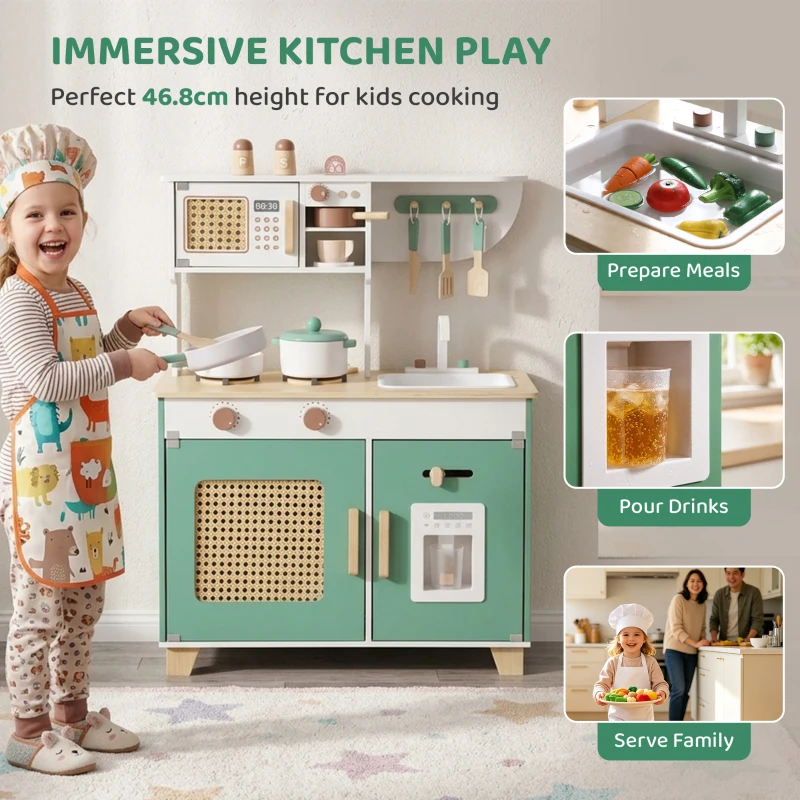 Qaba Wooden Play Kitchen Set with Microwave, Coffee Machine, Ice Maker & 19PCs Accessories, Gift for Ages 3-6 Years, Green
