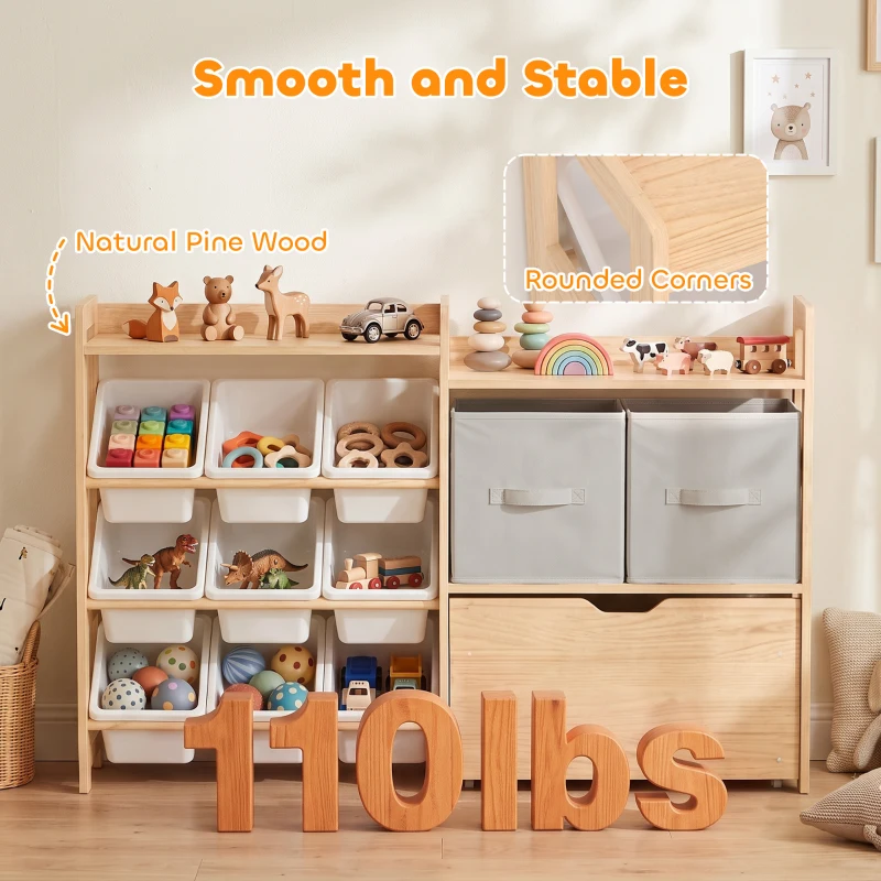 Qaba Wooden Toy Storage Organizer with Rolling Toy Chest, 2 Fabric Drawers, 2 Shelves, 9 Bins for Bedroom, Playroom, Nursery