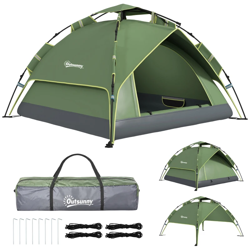 Outsunny Camping Tent, 2-3 Man Family Tent, 1000mm Waterproof, with Sewn-in Groundsheet and Carry Bag,  for Fishing, Dark Green