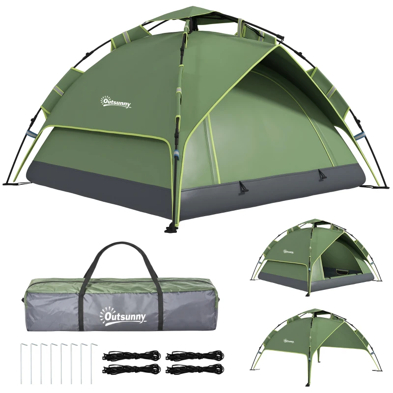 Outsunny Camping Tent, 2-3 Man Family Tent, 1000mm Waterproof, with Sewn-in Groundsheet and Carry Bag,  for Fishing, Dark Green