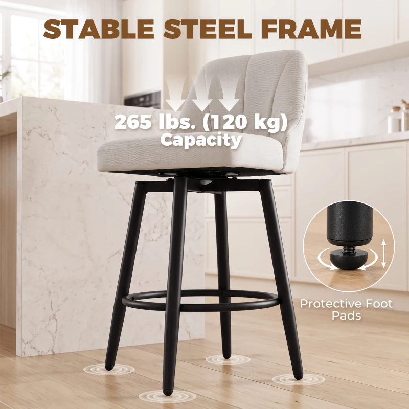 HOMCOM Bar Stools Modern Swivel Counter Height Stools Backrest Set of 2 Cream White