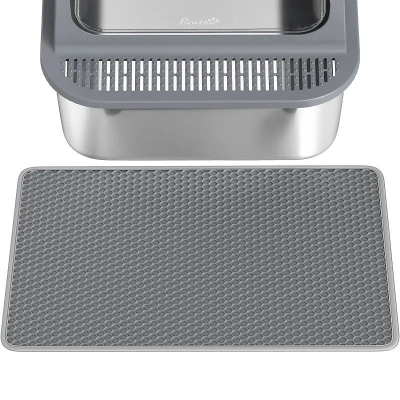 PawHut Stainless Steel Cat Litter Box with 95° Flip Lid, XXL Enclosed Metal Litter Box w/ Mat, Scoop, for Big Cats, 28"x20"x18"