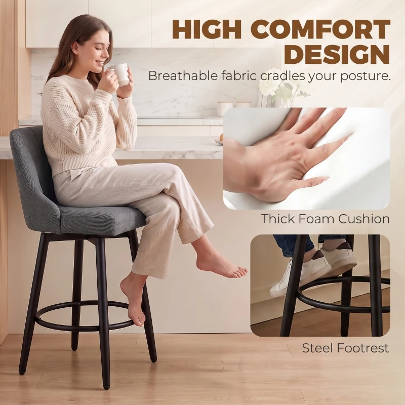 HOMCOM Bar Stools Modern Swivel Counter Height Stools Backrest Set of 2 Dark Grey