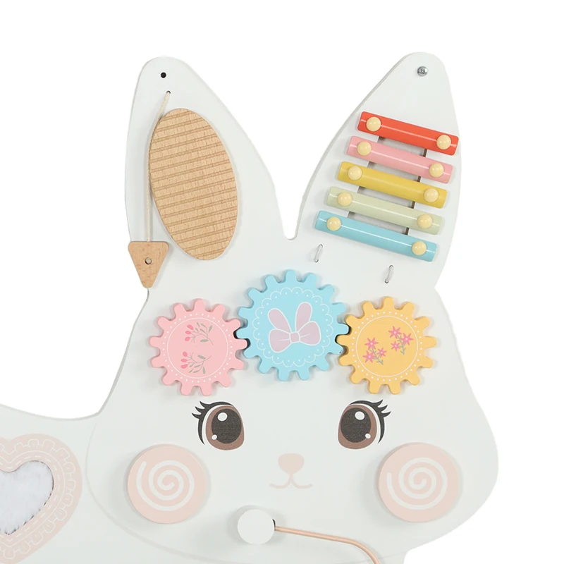 Qaba Easter Bunny Busy Board, Wooden Wall-Mounted Montessori Sensory Toys, Gift for Girls Boys for 1.5-6 Y, White