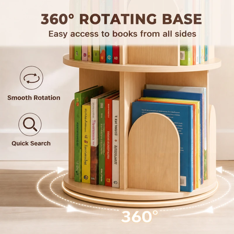 Qaba 3-Tier Rotating Bookshelf, 360° Rotating Floor-Standing Revolving Bookcase for Bedroom, Nursery, Playroom, Natural