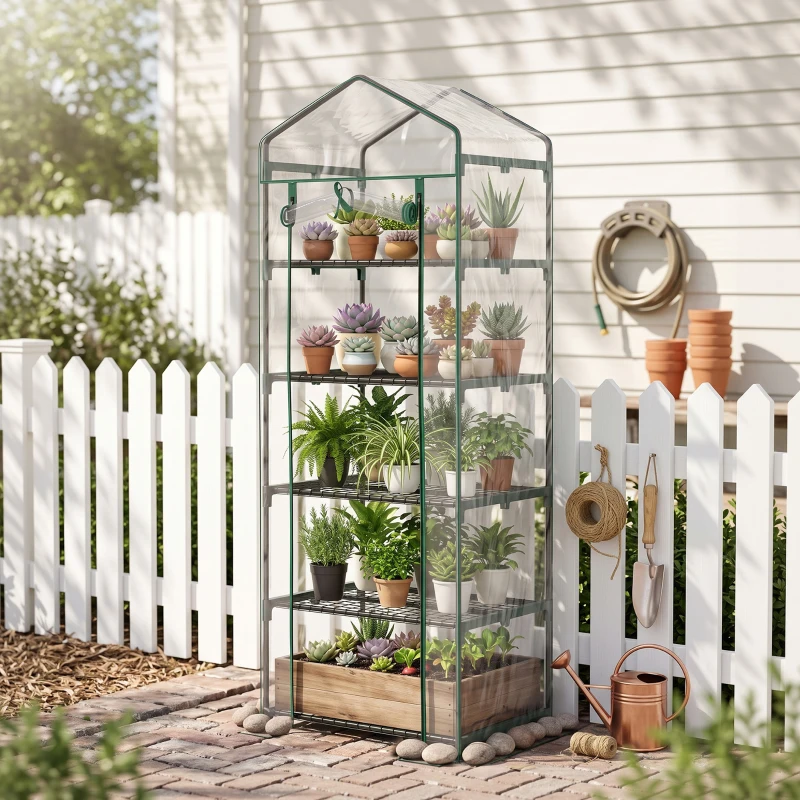 Outsunny 5 Tier Mini Greenhouse, Portable Outdoor Flower Stand with Shelf Clips, Indoor Greenhouse with Steel Frame, Transparent, 27.25" x 19.25" x 76", Clear