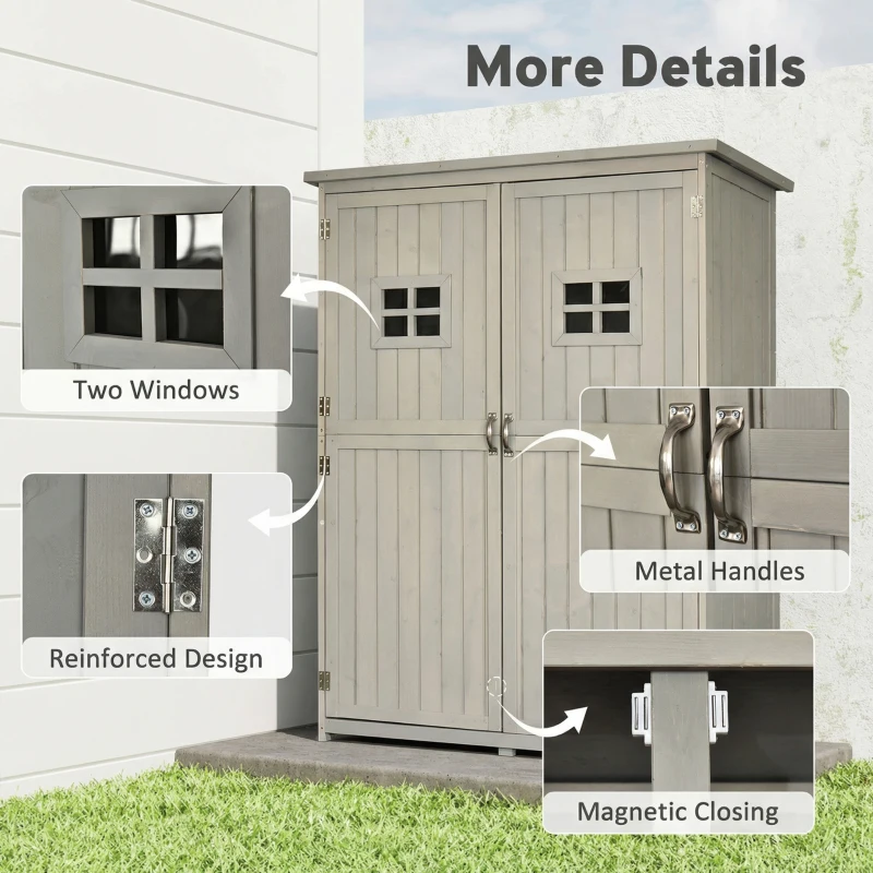 Outsunny 4x1.5ft Wooden Garden Sheds, Outdoor Storage with Windows and Double Door for Gardeners, Grey