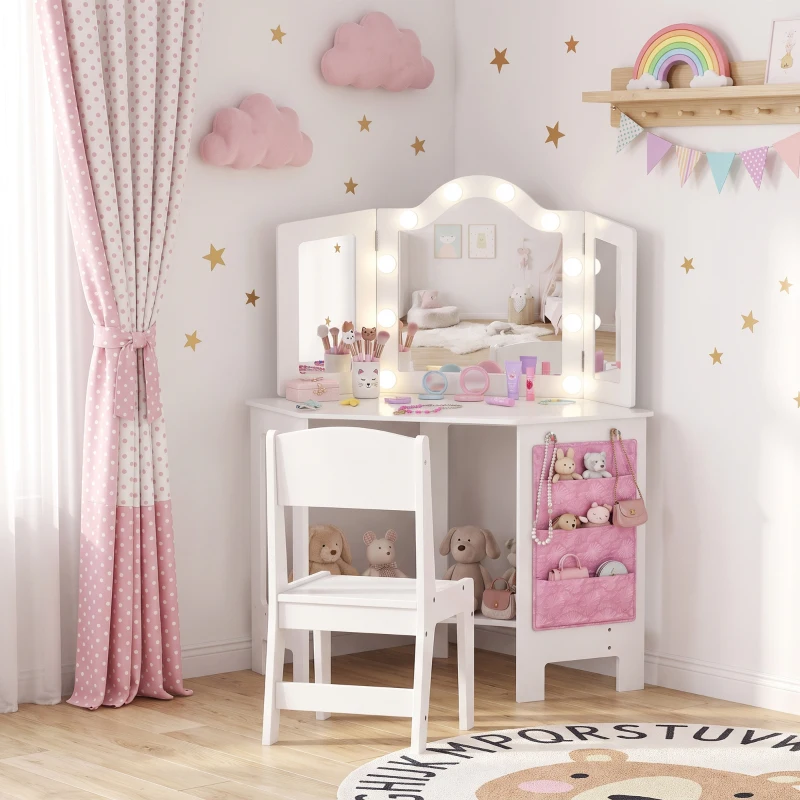 Qaba Kids Vanity Table and Chair Set with Lights, Makeup Dressing Table with Tri-Fold Mirror for Ages 3-8 Years, White