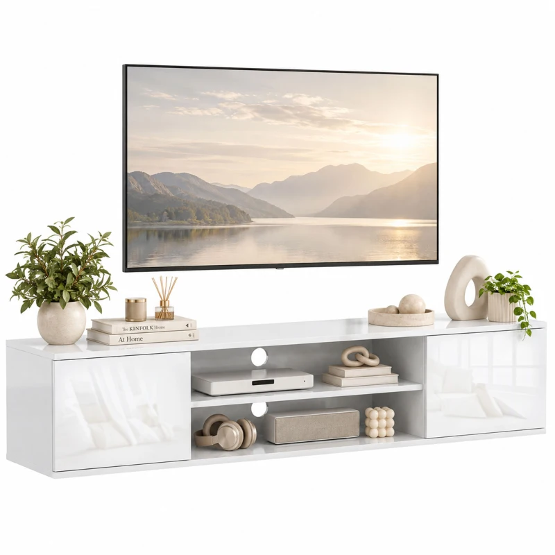 HOMCOM Floating TV Stand Cabinet for TVs up to 60", Wall Mounted TV Unit with Open Shelf, Storage Cupboards, White