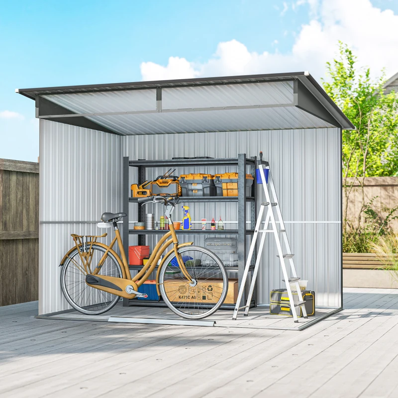 Outsunny 9' x 6.5' Outdoor Metal Garden Shed Utility Tool Storage Steel Backyard Storage House, Light Grey