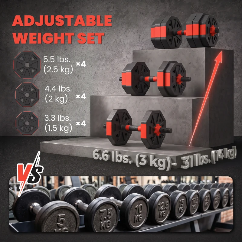 Soozier 6-in-1 Adjustable Dumbbell Set, Used as Kettlebell, Barbell, Dumbbell, Push-Up Stand, 55lbs Free Weights Set, Red