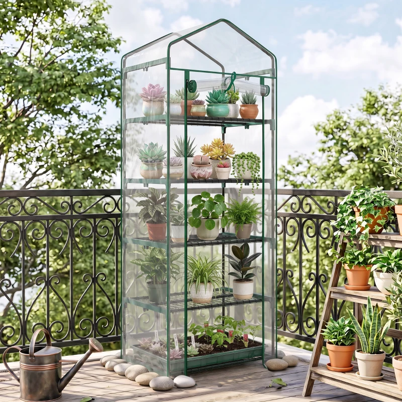 Outsunny 5 Tier Mini Greenhouse, Portable Outdoor Flower Stand with Shelf Clips, Indoor Greenhouse with Steel Frame, Transparent, 27.25" x 19.25" x 76", Clear