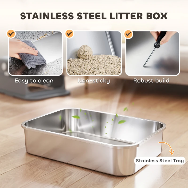 PawHut Stainless Steel Cat Litter Box with 95° Flip Lid, XXL Enclosed Metal Litter Box w/ Mat, Scoop, for Big Cats, 28"x20"x18"