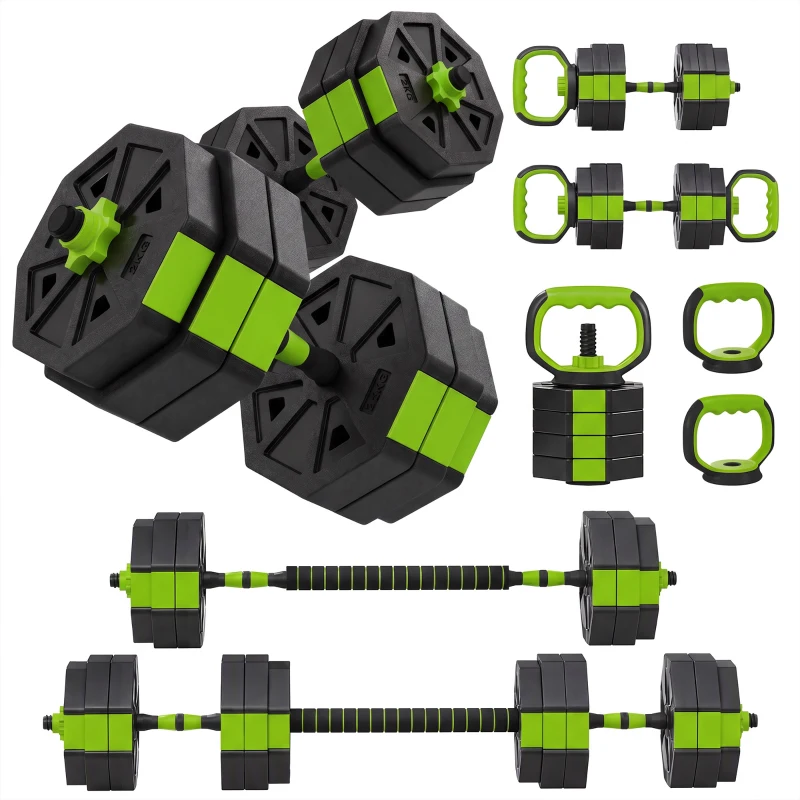 Soozier 6-in-1 Adjustable Dumbbell Set, Used as Kettlebell, Barbell, Dumbbell, Push-Up Stand, 55lbs Free Weights Set, Green