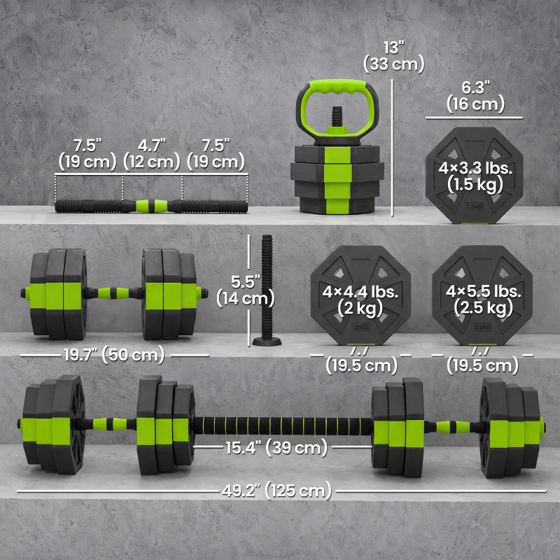Soozier 6-in-1 Adjustable Dumbbell Set, Used as Kettlebell, Barbell, Dumbbell, Push-Up Stand, 55lbs Free Weights Set, Green