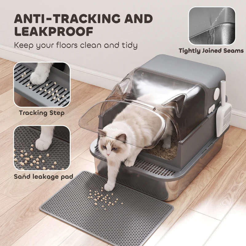 PawHut Stainless Steel Cat Litter Box with 95° Flip Lid, XXL Enclosed Metal Litter Box w/ Mat, Scoop, for Big Cats, 28"x20"x18"