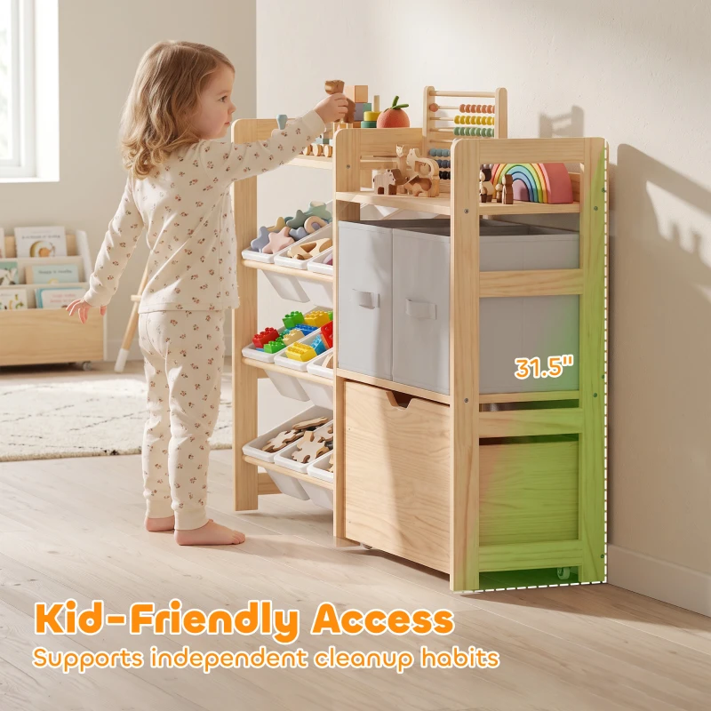 Qaba Wooden Toy Storage Organizer with Rolling Toy Chest, 2 Fabric Drawers, 2 Shelves, 9 Bins for Bedroom, Playroom, Nursery