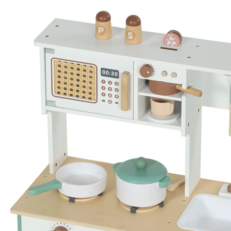 Qaba Wooden Play Kitchen Set with Microwave, Coffee Machine, Ice Maker & 19PCs Accessories, Gift for Ages 3-6 Years, Green